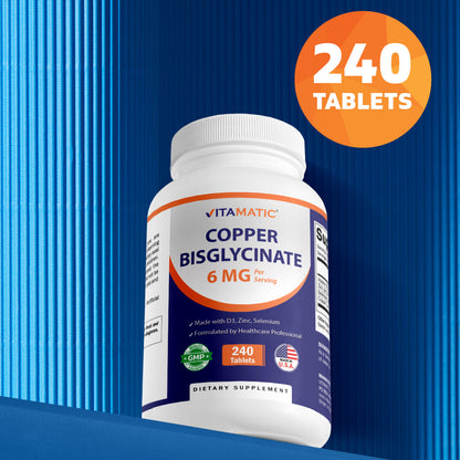 Copper Bisglycinate 6 mg Made with Vitamin D3 2000 IU, Zinc 50mg, Selenium 50mcg - 240 Tablets