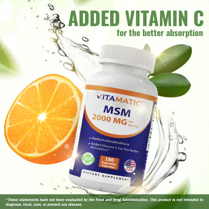 MSM 2000 mg with Vitamin C 75mg - 180 Veg Capsules