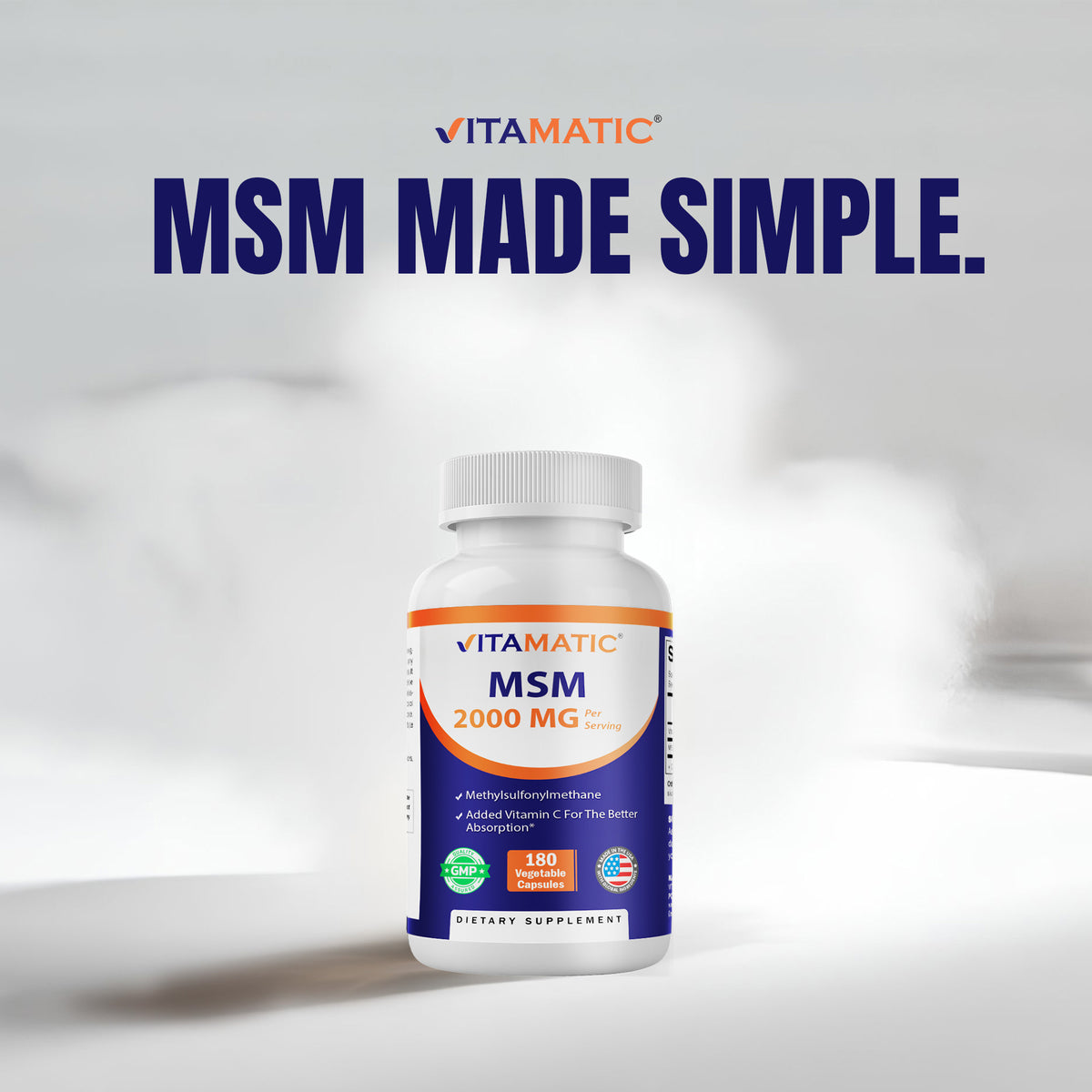 MSM 2000mg with Vitamin C 75mg, 180 Veg Capsules