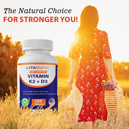 Vitamin D3 K2 Supplements with 10,000 IU Vitamin D + 200mcg Vitamin K MK-7, 120 Tablets