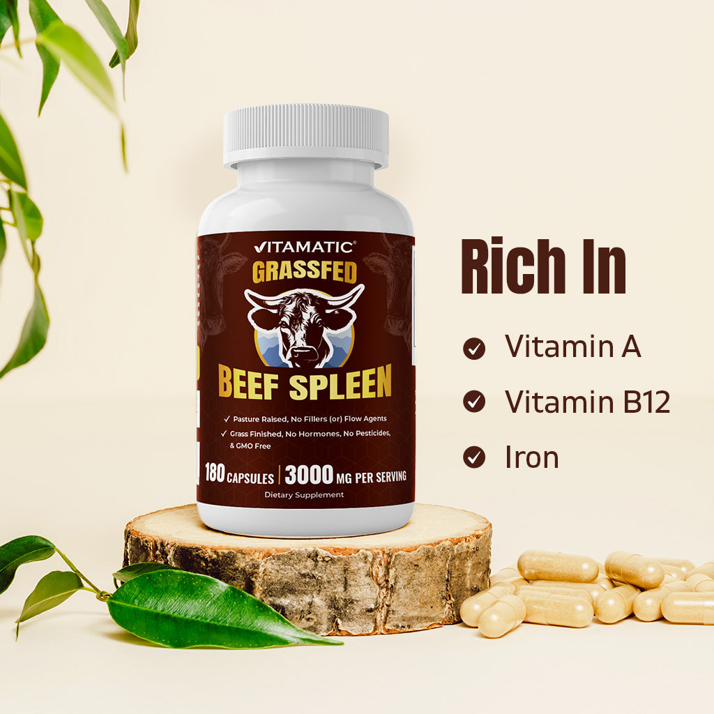 Vitamatic Grass-Fed Beef Spleen 180 Capsules – Freeze-Dried, Non-GMO, Bovine Supplement – Pasture-Raised, Glandular-Based Formula (180 Capsules, Spleen)