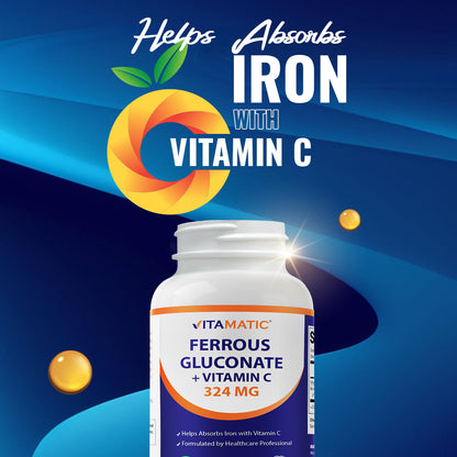 Ferrous Gluconate 324 mg + Vitamin C 100 mg (65 mg Elemental Iron) – 250 Coated Tablets, Made in USA