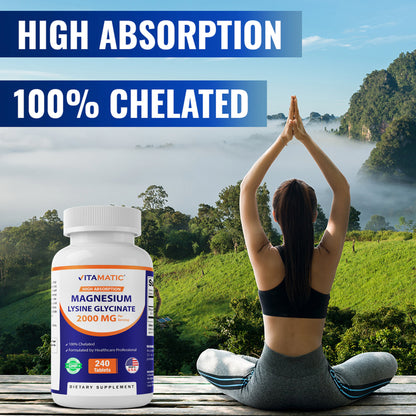 Vitamatic Magnesium as Glycinate Lysinate – 240 Tablets – 100% Chelated Magnesium