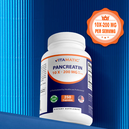 Pancreatin 10X Digestive Enzymes – 250 Capsules – Made with Protease 50,000 USP, Amylase 50,000 USP & Lipase 4,000 USP – Supports Protein, Carb & Fat Digestion – Non-GMO – Made in USA