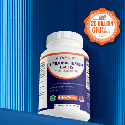Vitamatic Bifidobacterium lactis - 20 Billion per DR Capsule - 60 Count - Digestive Support - Made with Prebiotic Inulin Fiber