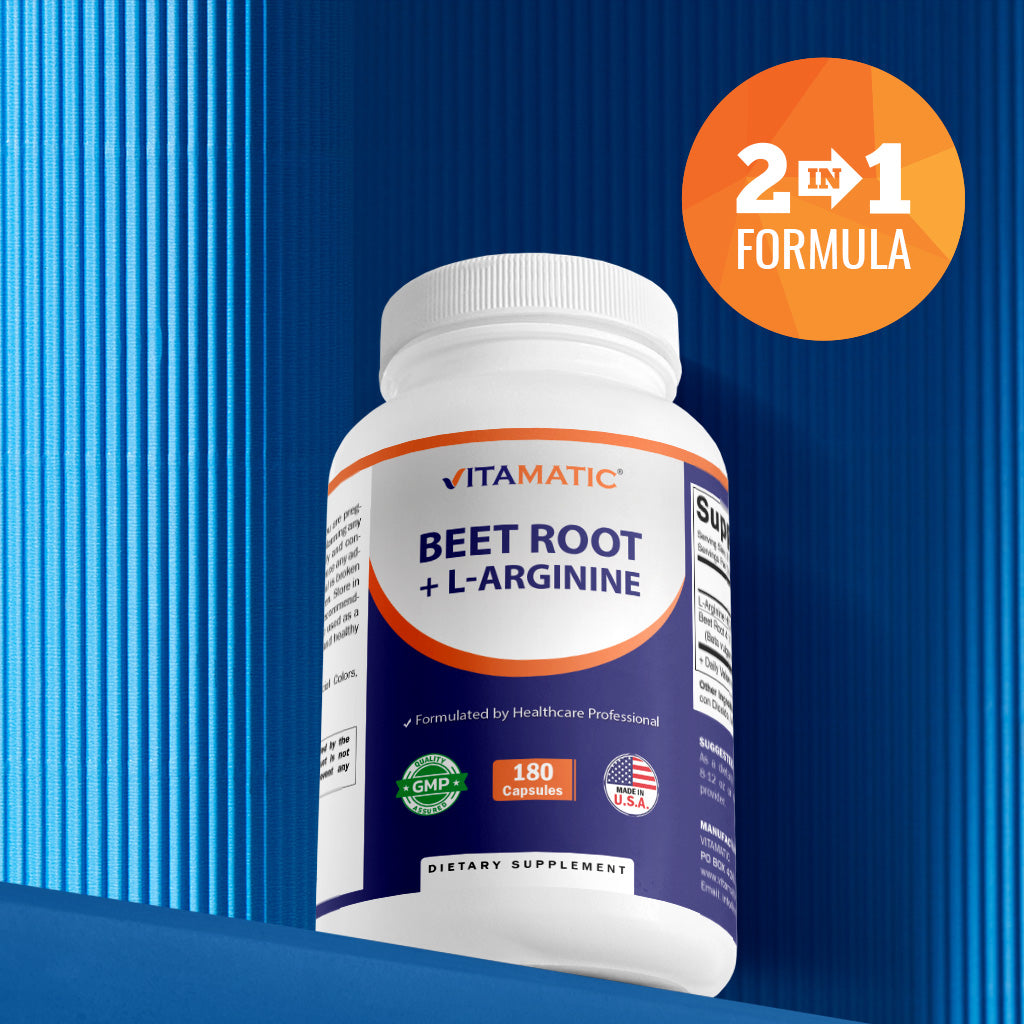 Beet Root + L-Arginine Capsules – 1000 mg L-Arginine HCl & 250 mg Beet Root Extract – 180 Veg Capsules