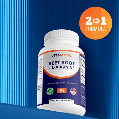 Beet Root + L-Arginine Capsules – 1000 mg L-Arginine HCl & 250 mg Beet Root Extract – 180 Veg Capsules