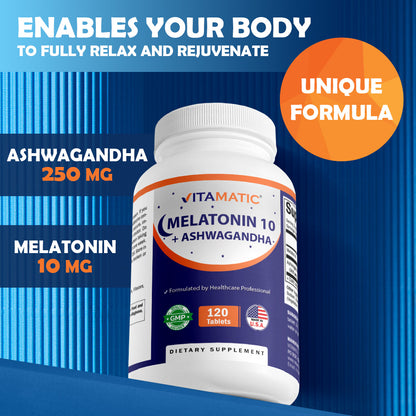 Vitamatic Melatonin 10mg + Ashwagandha 4:1 Extract, 120 Tablets