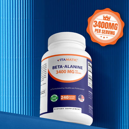 Vitamatic Beta-Alanine 3400 mg Per Serving – Supports Endurance, Muscle Performance & Workout Stamina – 240 Veg Capsules – Non-GMO, Made in USA