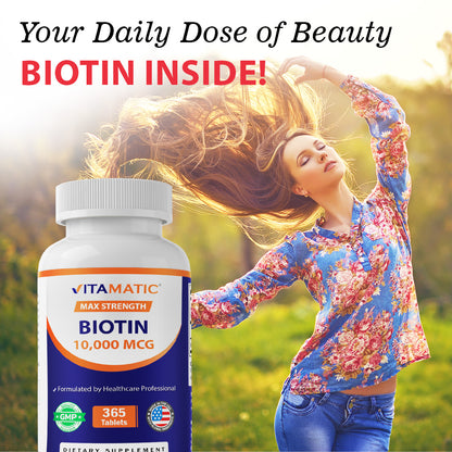 Biotin 10,000 mcg Vegan Supplement, 365 Tablets