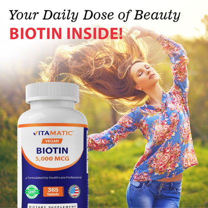 Biotin 5000 mcg Vegan Supplement, 365 Tablets
