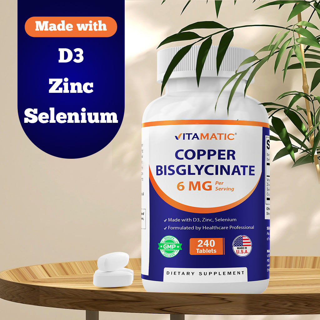 Copper Bisglycinate 6 mg Made with Vitamin D3 2000 IU, Zinc 50mg, Selenium 50mcg - 240 Tablets