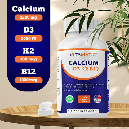 Vitamatic Calcium Supplement 1200mg with D3, K2 & B12, Immune & Bone Health Support - 365 Coated Tablets