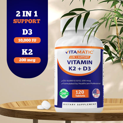 Vitamin D3 K2 Supplements with 10,000 IU Vitamin D + 200mcg Vitamin K MK-7, 120 Tablets