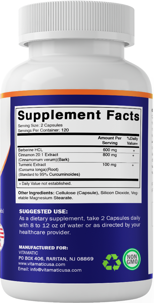 Vitamatic Berberine & Ceylon Cinnamon – Plant-Based Botanical Extract Capsules – Vegetarian, Non-GMO, Gluten-Free – Concentrated Herbal Supplement – 240 Count