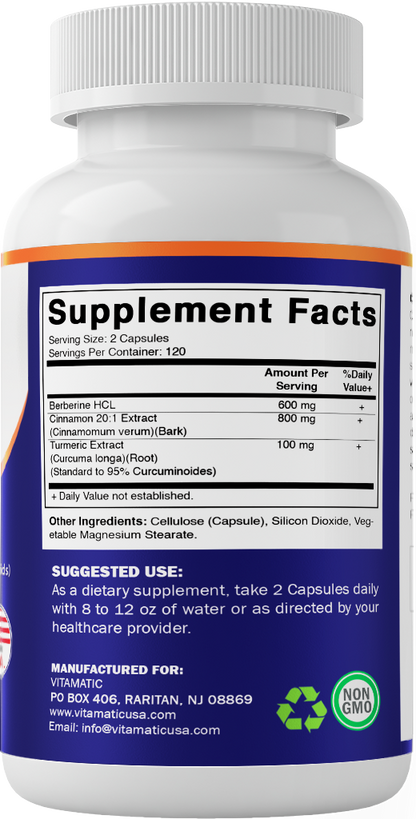 Vitamatic Berberine & Ceylon Cinnamon – Plant-Based Botanical Extract Capsules – Vegetarian, Non-GMO, Gluten-Free – Concentrated Herbal Supplement – 240 Count