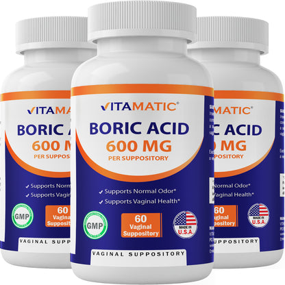 Boric Acid Vaginal Suppositories 600 mg Vegetarian Capsule Shell 60 Count