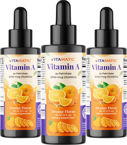 Vitamatic Sugar Free Vitamin A Liquid Drops 10000 IU (3000 mcg) as Retinyl Palmitate - Approximate 4 Months Supply - Immune Support, Eye Health, Skin Health - 2 FL OZ (59 ml)