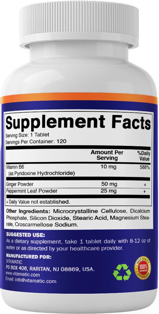 Vitamin B6 10mg with Ginger 50mg & Peppermint 25mg Tablets