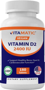 Vitamatic Vitamin D2 60 mcg (2400 IU) - Ergocalciferol - 180 Vegetarian Tablets