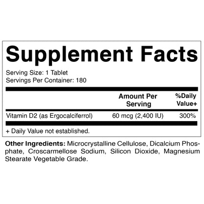 Vitamin D2 60 mcg 2400 IU- 180 Vegetarian Tablets