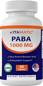 Vitamatic PABA 1000 mg - 60 Tablets - para-Aminobenzoic Acid Supplement - Precursor of Folic Acid
