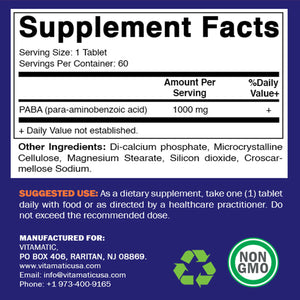 Vitamatic PABA 1000 mg - 60 Tablets - para-Aminobenzoic Acid Supplement - Precursor of Folic Acid